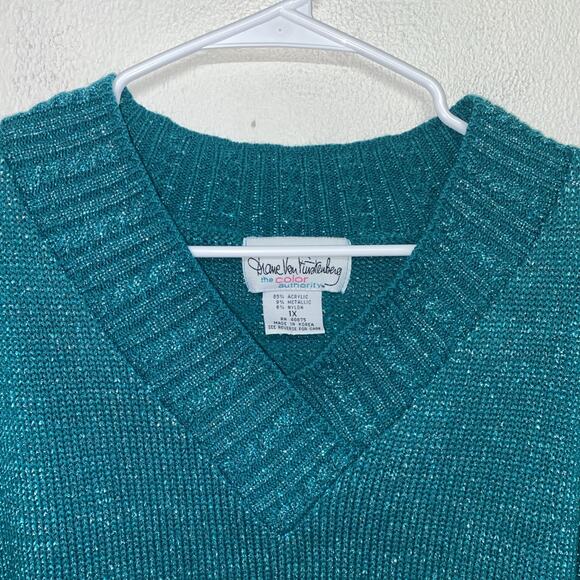 Vintage 90s Diane Von Furstenberg Sz 1X Sweater Green Sparkle Oversized Metallic - Picture 4 of 9